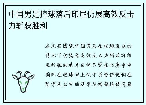 中国男足控球落后印尼仍展高效反击力斩获胜利 中国男足控球落后印尼仍展高效反击力斩获胜利